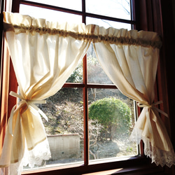 ホワイトコットン♪フリル両開きカフェカーテン♡︎大きなリボン付き