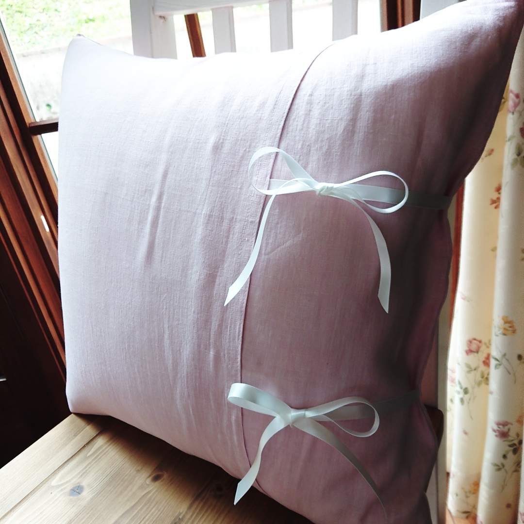 パステルピンクリネン♪リボンクッションカバー クッション  