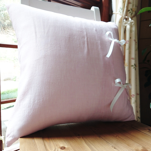 パステルピンクリネン♪リボンクッションカバー クッション  