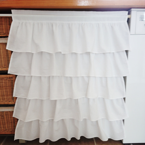 ホワイトコットン♪5段フリルカフェカーテン 横幅62cm×縦76cm