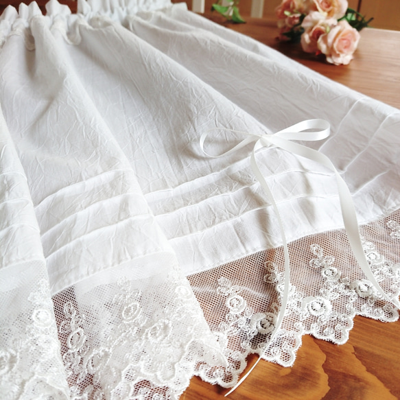 ホワイトコットン♪3タック&ダブルレースカフェカーテン 113cm×57cm