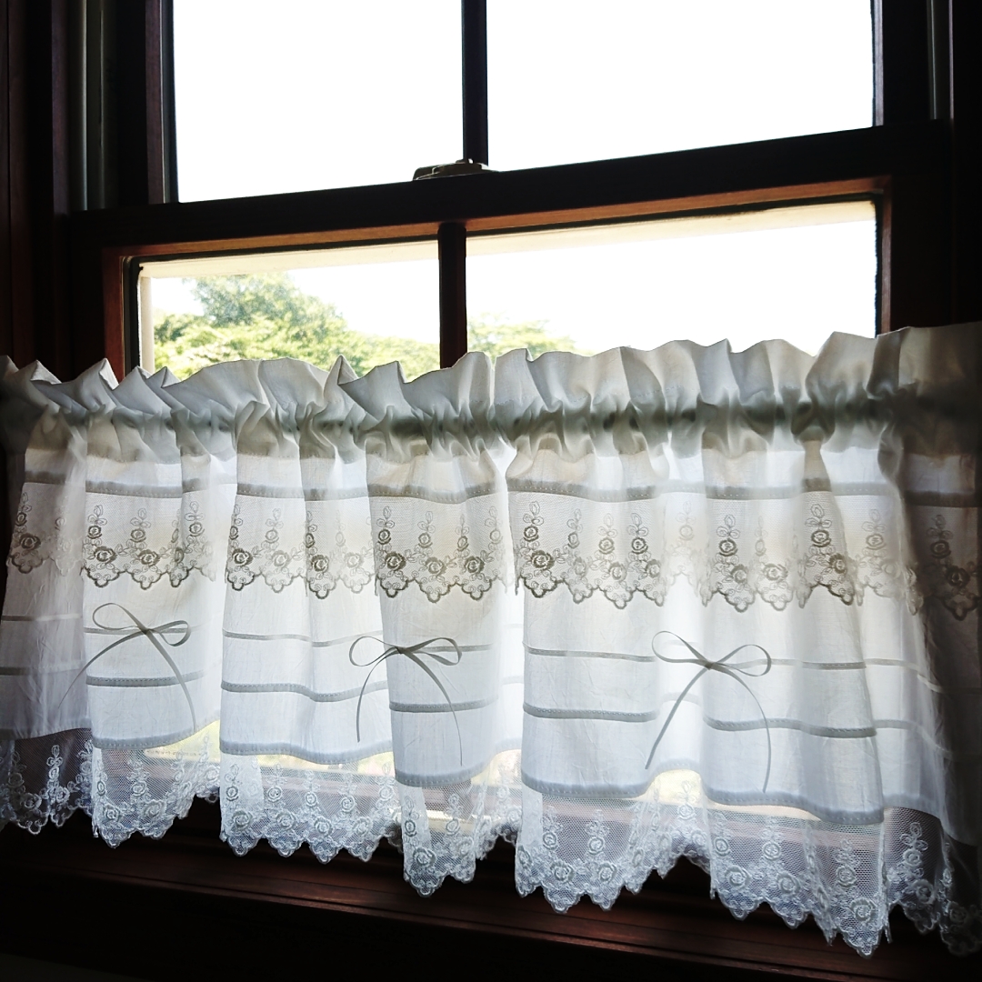 ホワイトコットン♪タック&ダブルレースカフェカーテン ୨୧ ୨୧ ୨୧ 113cm×32cm