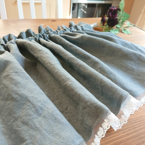 洗い込まれたアンティーク風ラミーリネン♪カフェカーテン サックス