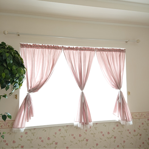 ダスティピンクコットン♪7パール×3連カフェカーテン カーテン