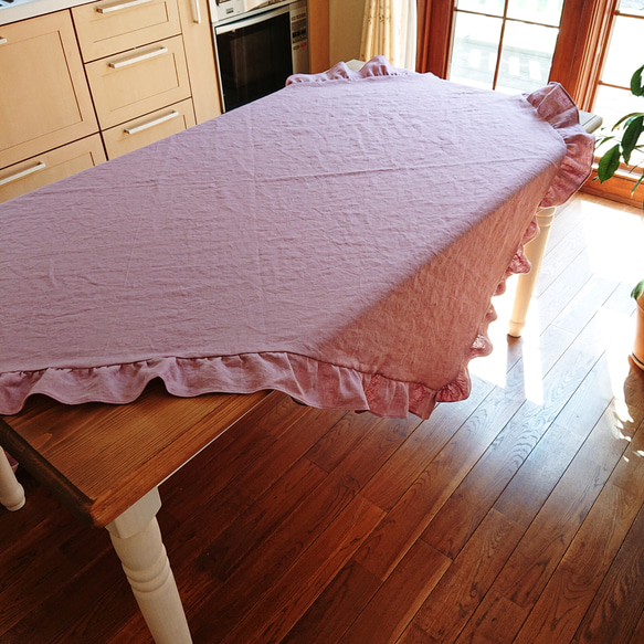 フリル付き♪アンティーク風ラミーリネンのテーブルクロス  200cm×130cm ピンク 4枚目の画像