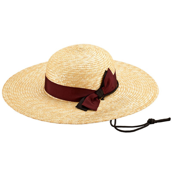 農作業用 麦わら帽子 つば広 ワイン＆ブラックリボン ガーデニング
