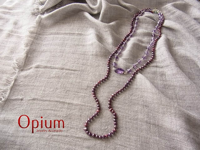 【5WAY】アメジストとラズベリーカラーのパールネックレス