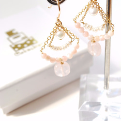 新！法國薔薇水晶，珍珠，珊瑚寶石耳環（耳環允許）14KGF 第3張的照片