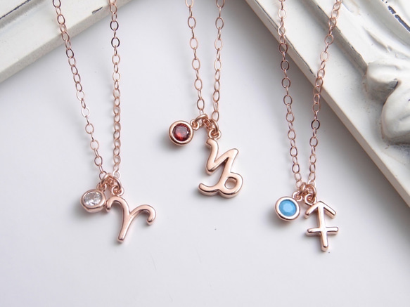 12星座と誕生石のネックレス ~ 14K RGF ~ Zodiac and Birthstone Necklace 1枚目の画像