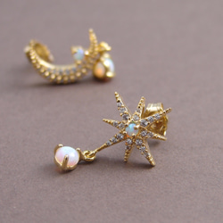 オパールムーン&スター　ポストピアス ~ 14K gf ~ Opal Star and Crescent 1枚目の画像