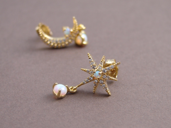 オパールムーン&スター　ポストピアス ~ 14K gf ~ Opal Star and Crescent 1枚目の画像