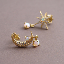 オパールムーン&スター　ポストピアス ~ 14K gf ~ Opal Star and Crescent 5枚目の画像