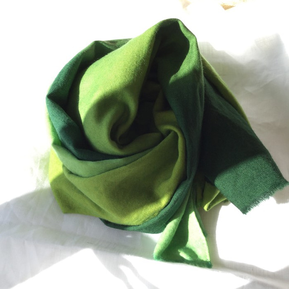 SALE　平織ウールグラデーションスカーフ「グリーン」 4枚目の画像