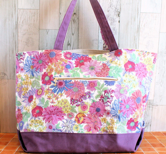 フラワープリント×帆布のLサイズショルダートートバッグ 2枚目の画像
