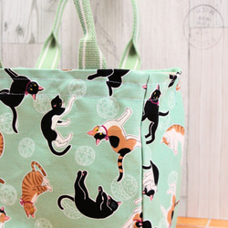爽やかミントグリーンカラーの猫プリント帆布の3室バッグ 3枚目の画像