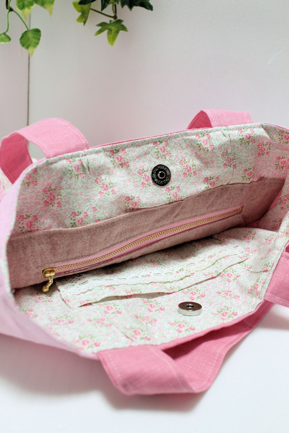 【値下げ】春・桜色リネンのシンプルトートバッグ 4枚目の画像