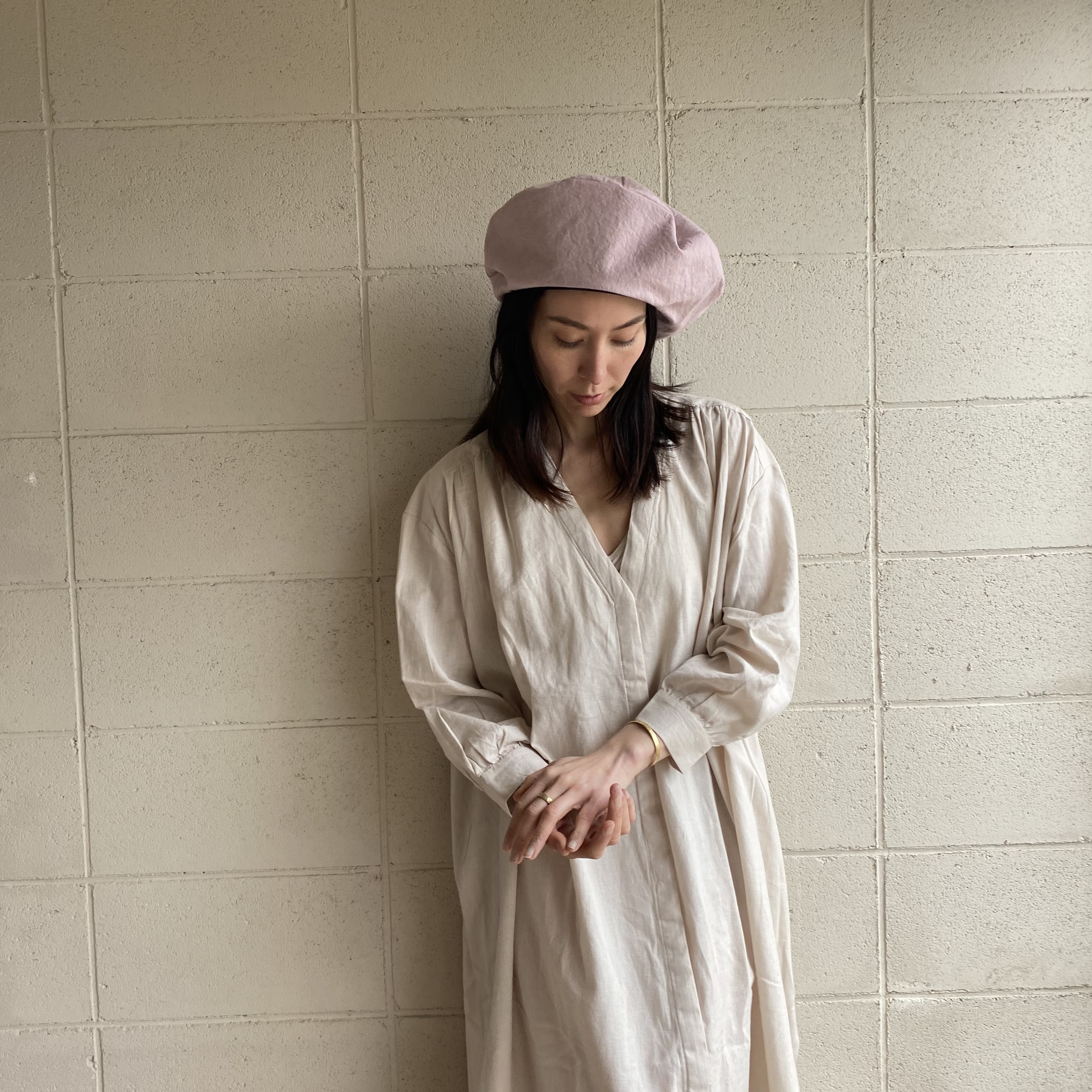 ビッグベレー帽 リネン ダスティーピンク