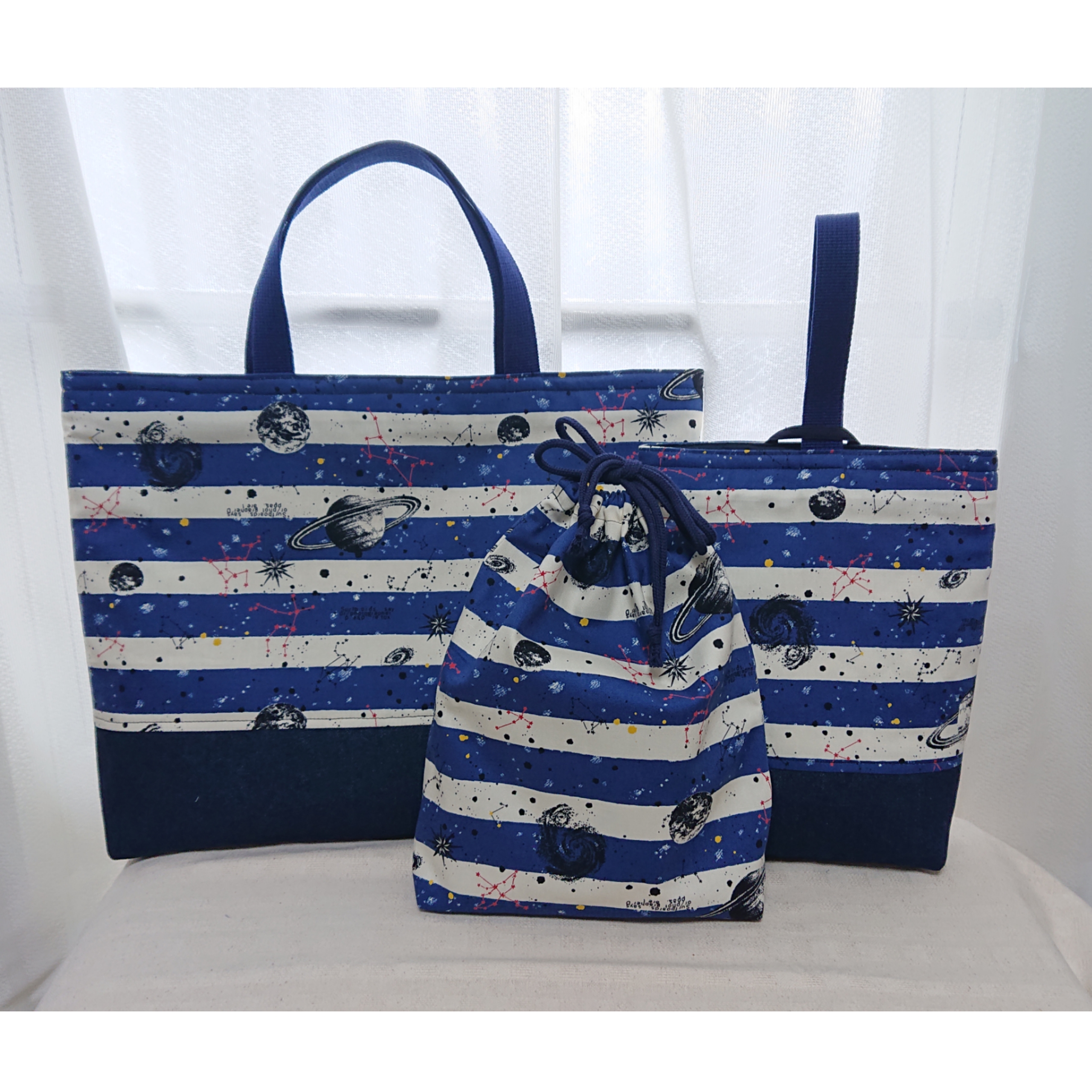 サイズ変更可☆入園・入学グッズ３点セット☆レッスンバッグ・巾着大・シューズ入れ☆男の子☆宇宙