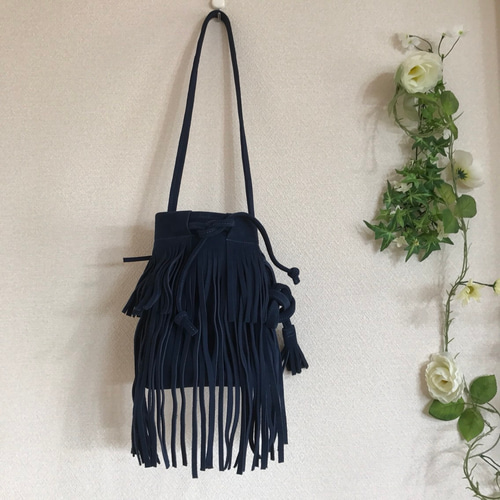 ラスト一点ネイビーすぐ発送☆スウェード本フリンジ2wayバッグ  