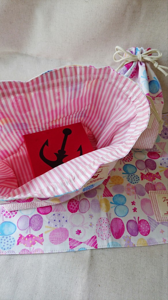 お弁当袋とコップ袋とランチョンマット☆(タグ色紺)(送料無料) 5枚目の画像