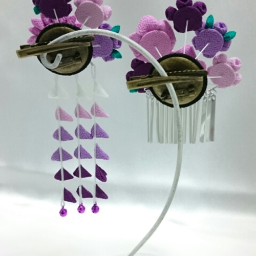 七五三 髪飾り 和風 古風 紫 かんざし ちりめん ビラ付き つまみ細工 七五三 髪飾り 和風 古風 紫 かんざし ちりめん ビラ付き つまみ細工