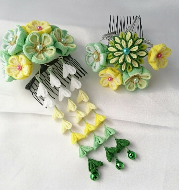 つまみ細工飾り オーダー品✨ つまみ紋のかんざし＆根付 「左三つ巴」 簪と根付