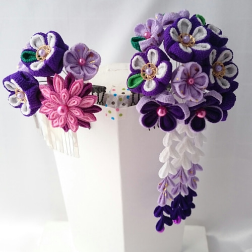 つまみ細工の髪飾り ～かんざし～ 《紫系》 2個セット かんざし つまみ