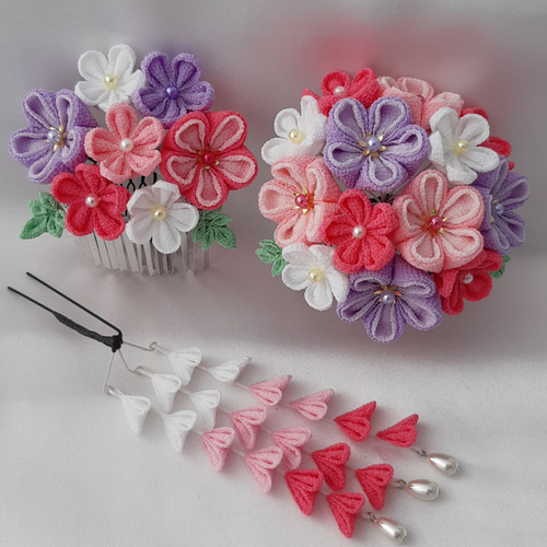 つまみ細工の髪飾り ～かんざし～《ピンク×ムラサキ》 3個セット