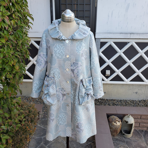 着物リメイク 古布 手作り 白大島 スプリングコート ワンピース  