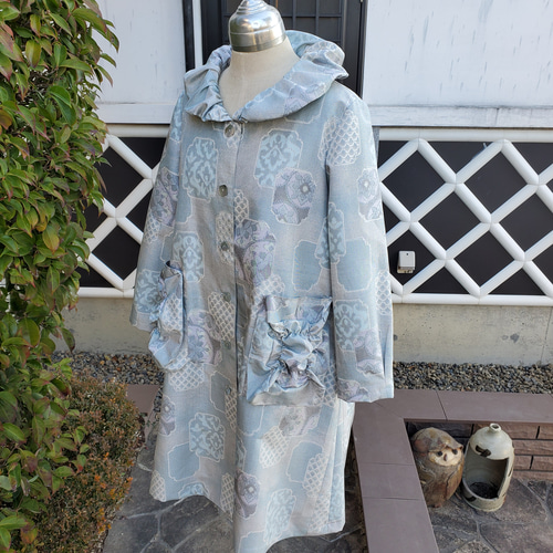 着物リメイク 古布 手作り 白大島 スプリングコート ワンピース