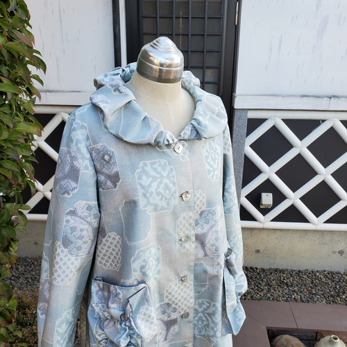 着物リメイク 古布 手作り 白大島 スプリングコート ワンピース