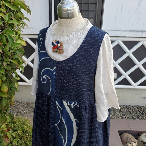 着物リメイク 古布 手作り 蚊絣、筒描きの風呂敷 ジャンパースカート