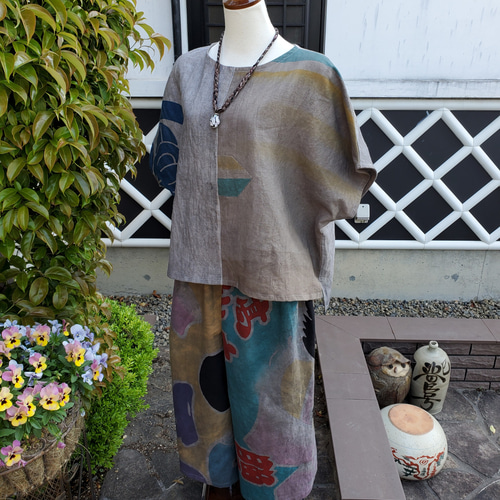 着物リメイク】柿渋&鉄媒染の浴衣のンピース【古布リメイク】6-30  