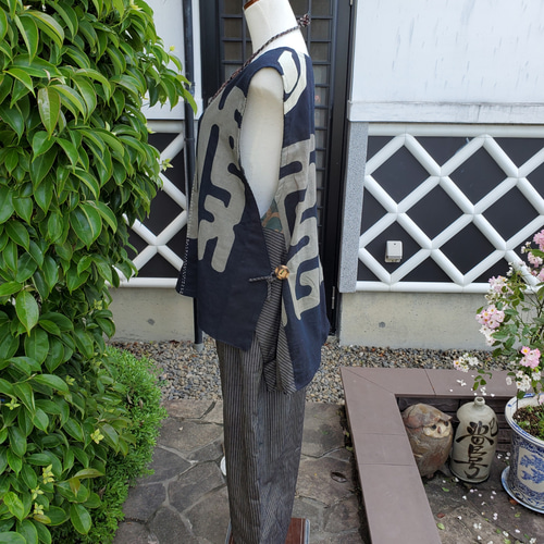 着物リメイク 手作り 半纏を使った 縞 パンツとベストセット  