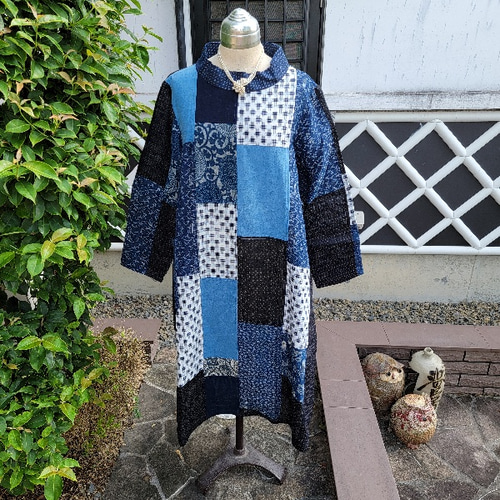 着物リメイク　古布リメイク　麻　白絣　チュニック 着物リメイク古布リメイク麻白絣チュニック