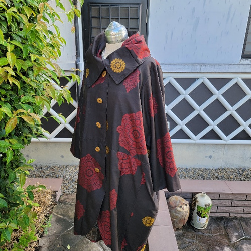 古布フード付きコート男物縞木綿着物と泥大島紬のコーディガンタイプ