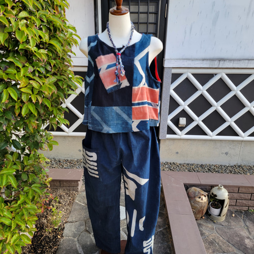 着物リメイク 古布 手作り 半纏 ベストとパンツ 上下セット 