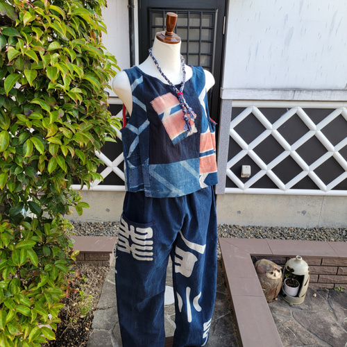 着物リメイク 古布 手作り 半纏 ベストとパンツ 上下セット ワンピース