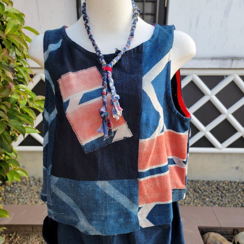 着物リメイク 古布 手作り 半纏 ベストとパンツ 上下セット ワンピース  