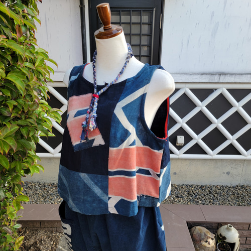 着物リメイク 古布 手作り 半纏 ベストとパンツ 上下セット ワンピース 