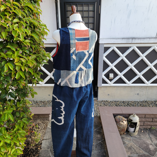 着物リメイク 古布 手作り 半纏 ベストとパンツ 上下セット ワンピース 