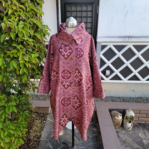 着物リメイク 手作り かわいい色柄 大島 コート 裏地付き ワンピース