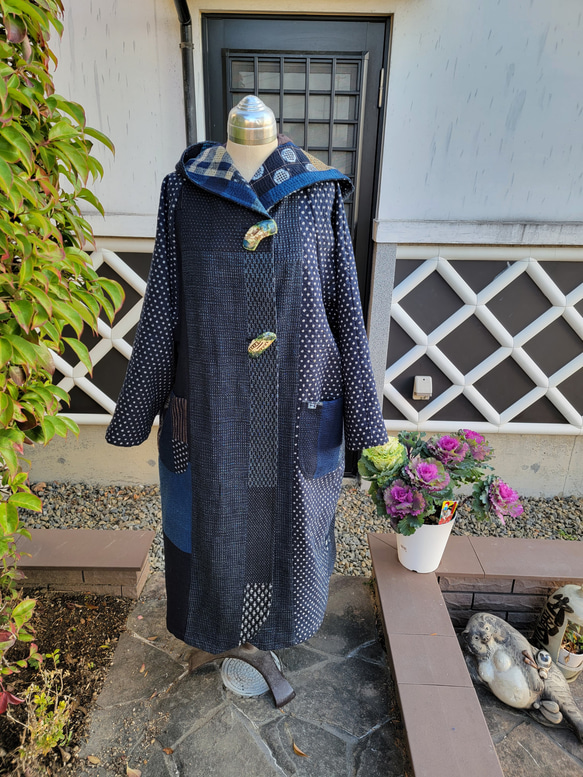 パッチワークコート テーラーカラー亀甲帯パッチワークコート