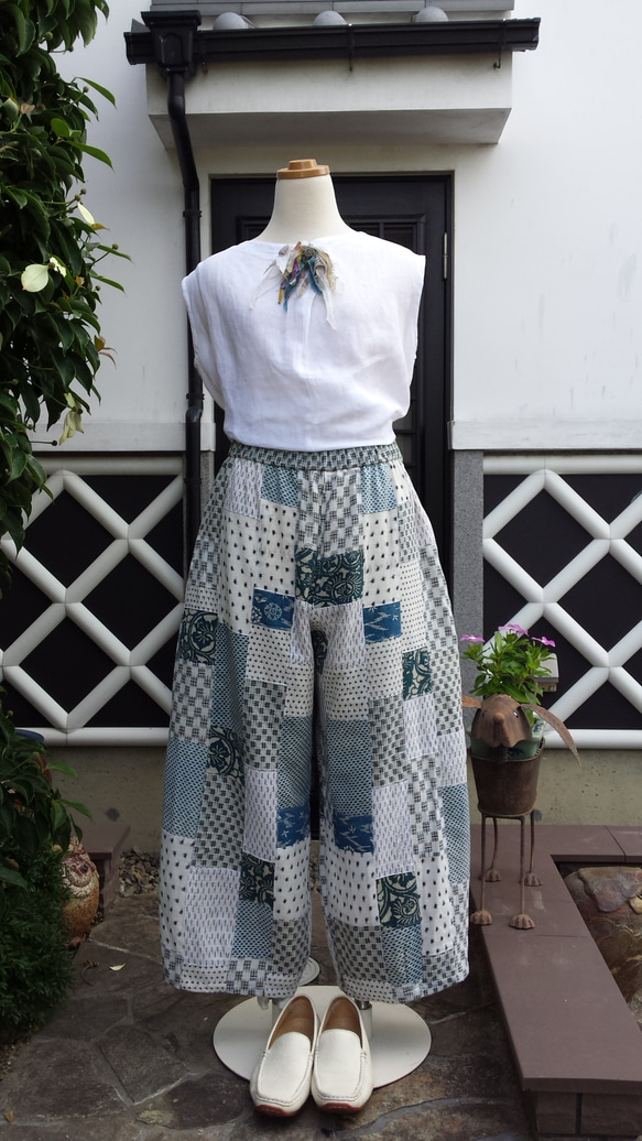 着物リメイク 古布 手作り 白がすり パッチワーク パンツ ワンピース  