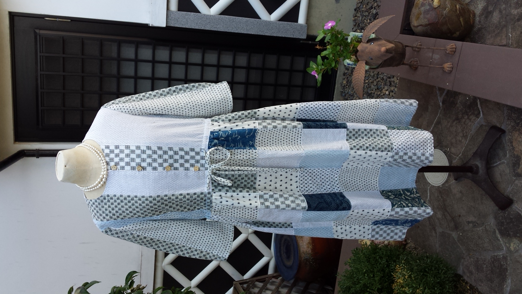 古布藍染パッチワークAラインロングワンピース 藍染型染め モン族古布 パッチワーク 刺し子 ロングワンピース