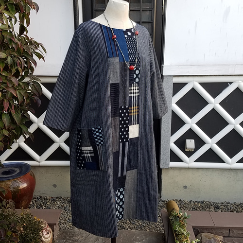 着物リメイク 手作り かすりパッチワーク チュニック ワンピース 着物リメイク 手作り かすりパッチワーク チュニック ワンピース