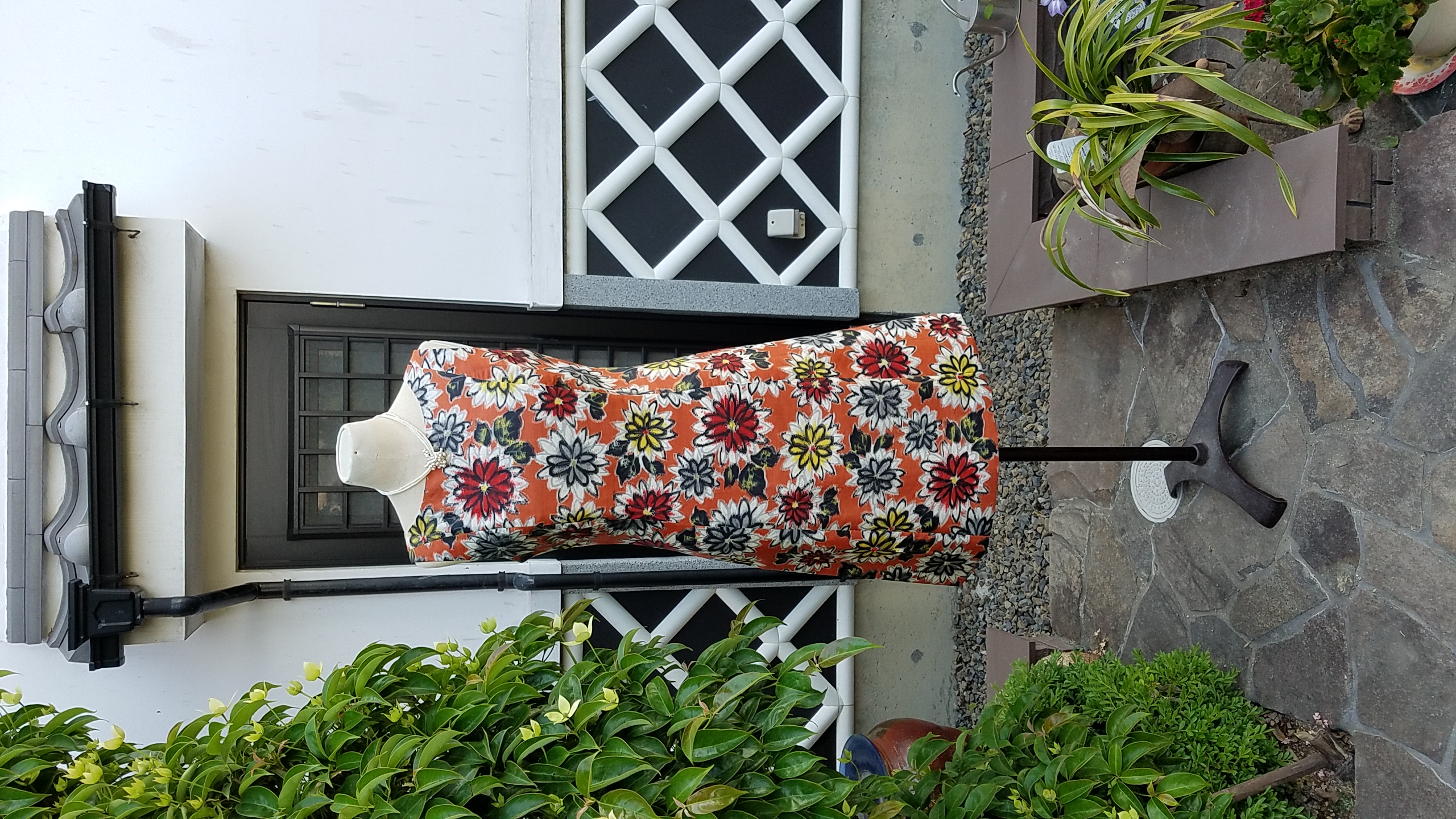 着物リメイク 手作り オレンジ 銘仙 ワンピース ワンピース