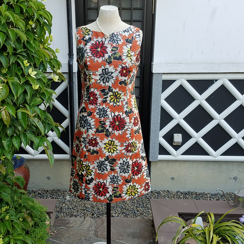 着物リメイク 手作り オレンジ 銘仙 ワンピース ワンピース