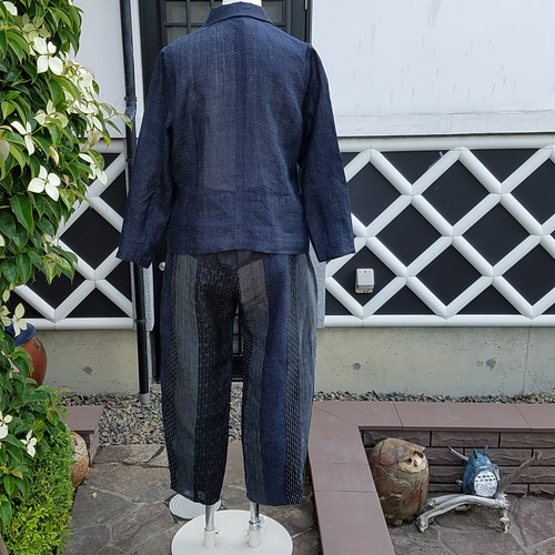 着物リメイク 逸品 宮古上布 ジャケットと 麻パッチパンツ 上下セット 