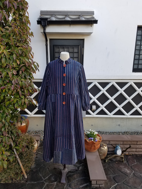 着物リメイクワンピース3481 着物リメイク 手作り 襤褸 縞 ワンピース 着物 hanahukujun 通販